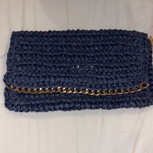 Elegant Navy Woven Clutch with Gold Chain